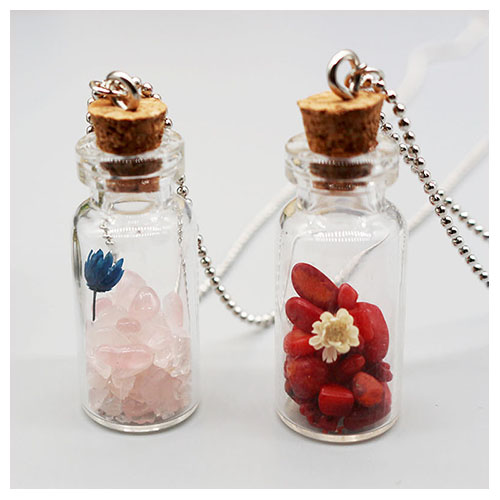 Glass bottle / dried flower / small stone pendant Necklace